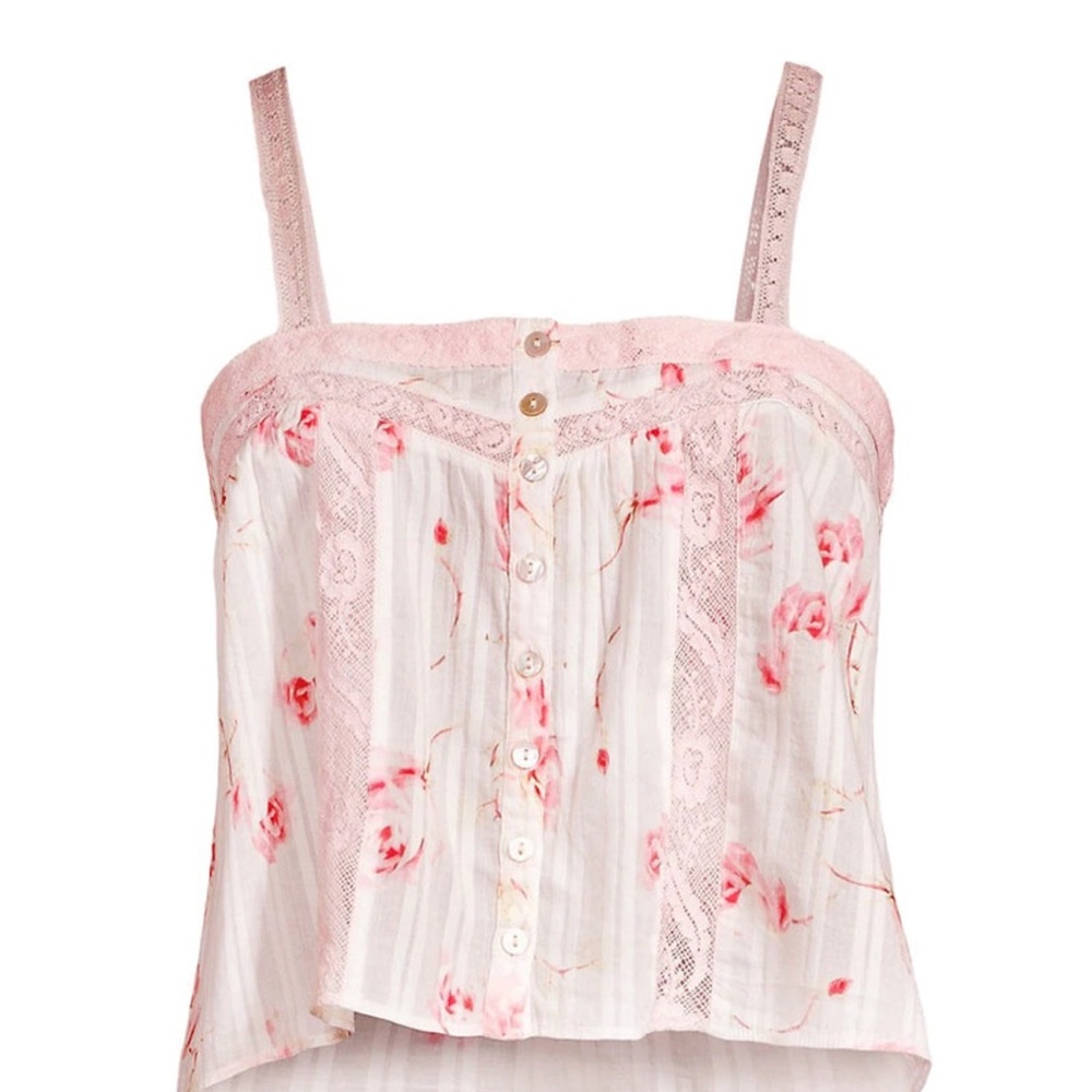 Floral Pink and White Lace Trim Tank Top
